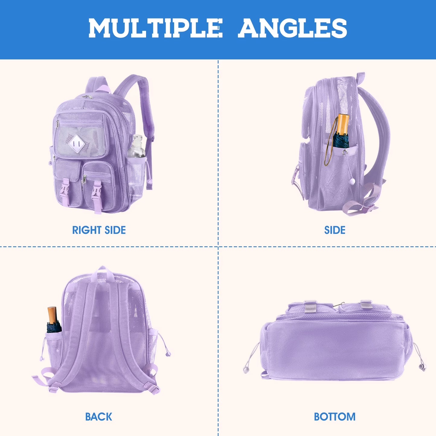Mesh Backpack School Backpacks Large Capacity See through Bookbag Stadium Approved with Multiple Compartments Pockets for School(Purple)