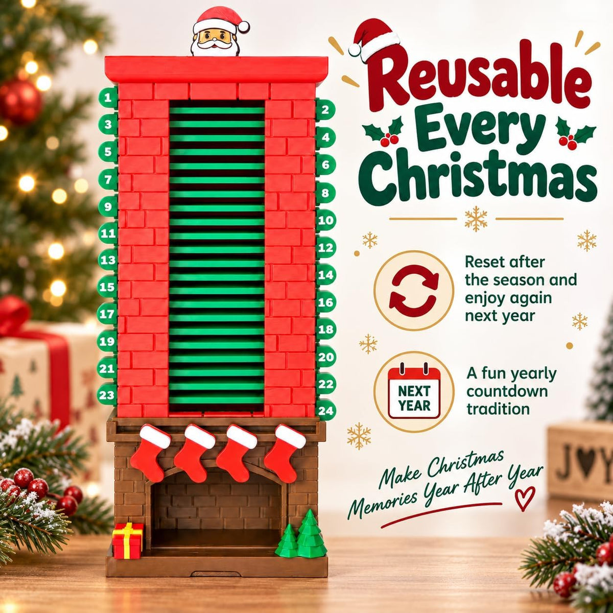 24-Day Santa Chimney Christmas Countdown Calendar, Mechanical Reusable Advent Calendar with Pull Tab Design, Fireplace Mantel Decor Desktop and Christmas Seasonal Display