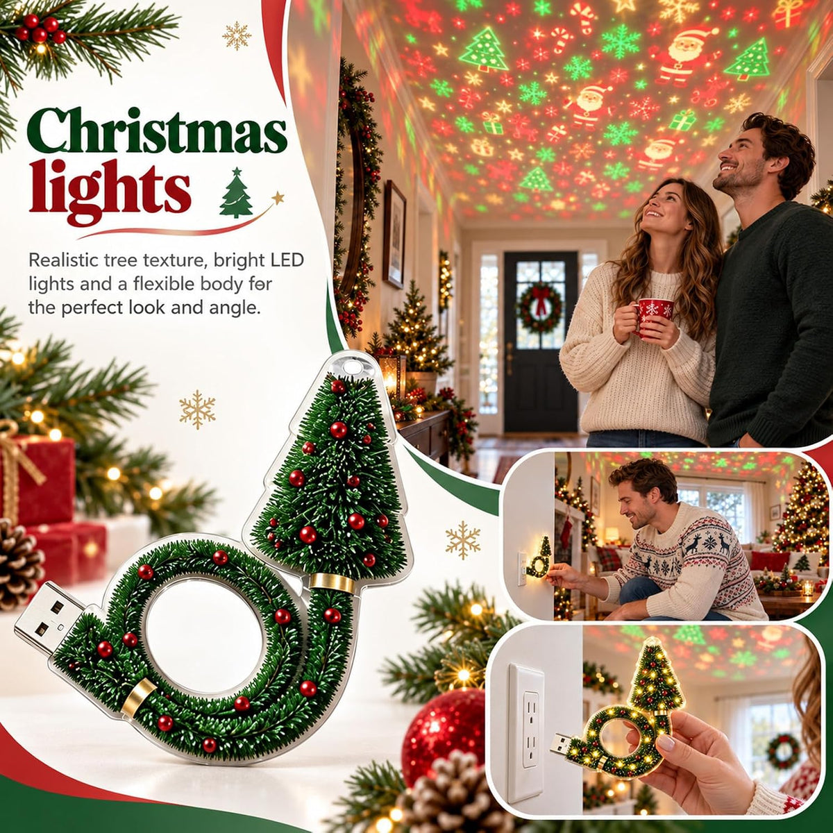 Christmas Projector Light Indoor, USB Plug and Play HD Christmas Projector