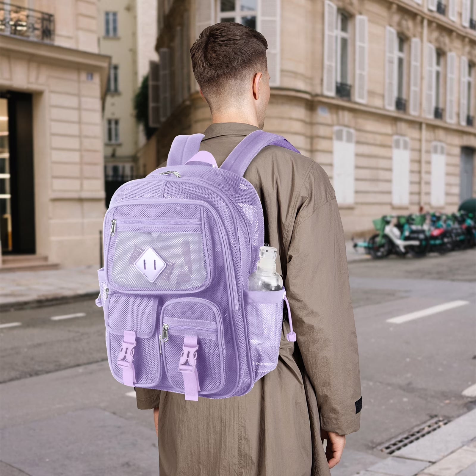 Mesh Backpack School Backpacks Large Capacity See through Bookbag Stadium Approved with Multiple Compartments Pockets for School(Purple)