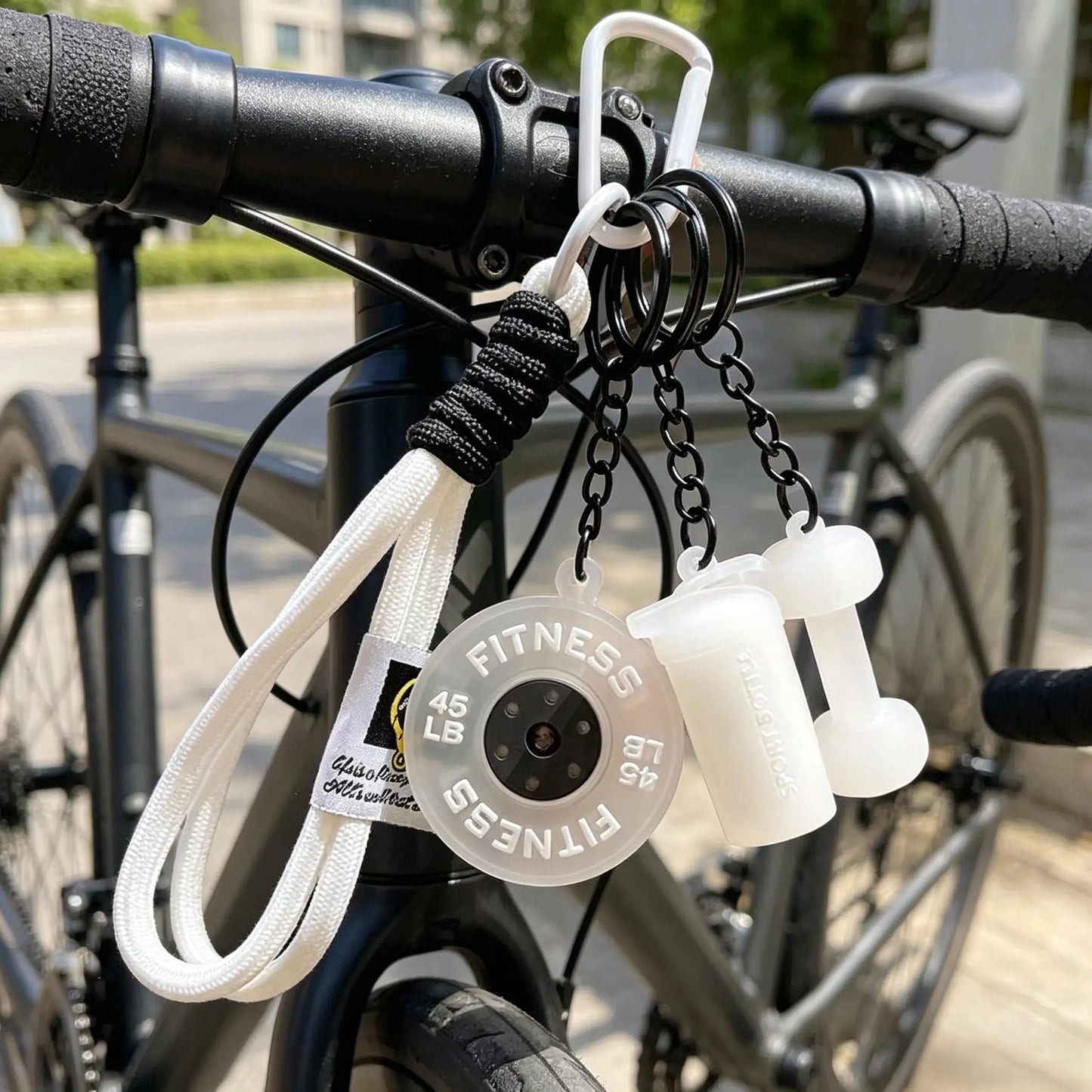3D Fitness-Themed Keychain, Durable Silicone and Metal Bag Charm Featuring Dumbbell, Barbell, and Weight Plate, Compact Mini Size with Sturdy Connecting Chain