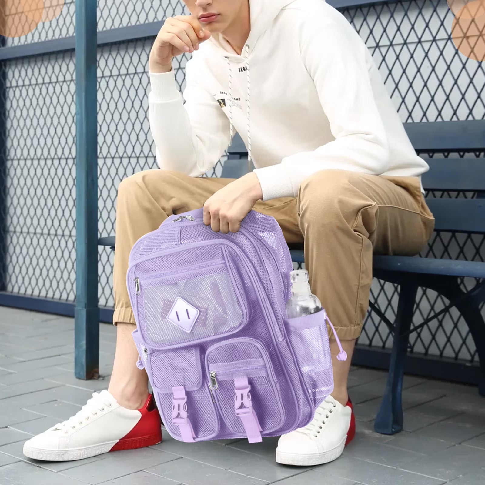 Mesh Backpack School Backpacks Large Capacity See through Bookbag Stadium Approved with Multiple Compartments Pockets for School(Purple)
