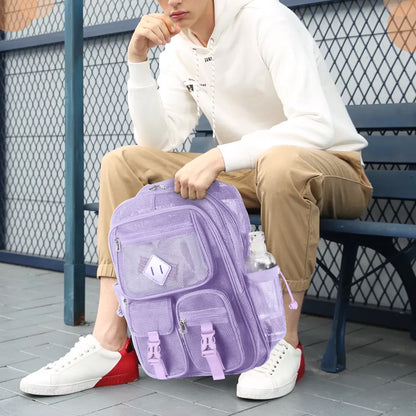 Mesh Backpack School Backpacks Large Capacity See through Bookbag Stadium Approved with Multiple Compartments Pockets for School(Purple)