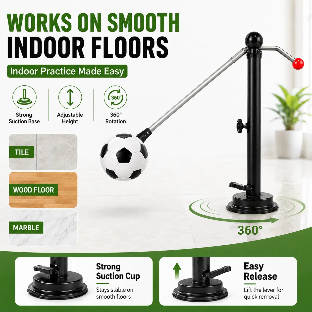 360° Rotating Soccer Training Kicker for Kids, Adjustable Indoor Soccer Ball Trainer with Suction Cup, Foldable Soccer Ball Holder for Parent-Child Home Practice