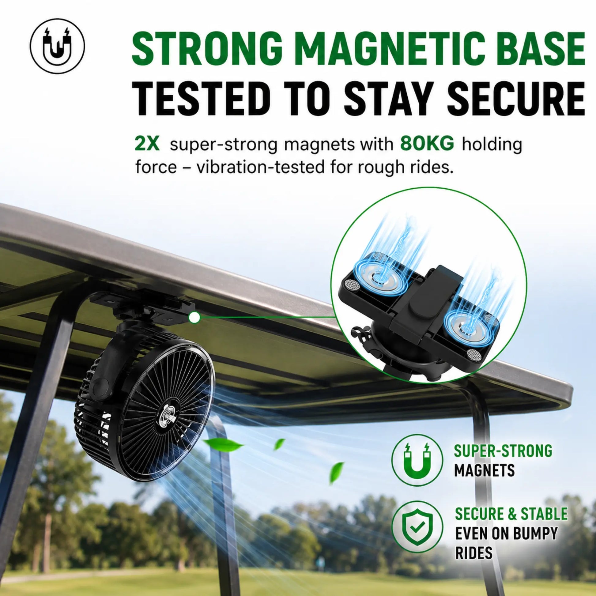 Rechargeable Magnetic Golf Cart Cooling Fan with Mist Functionality