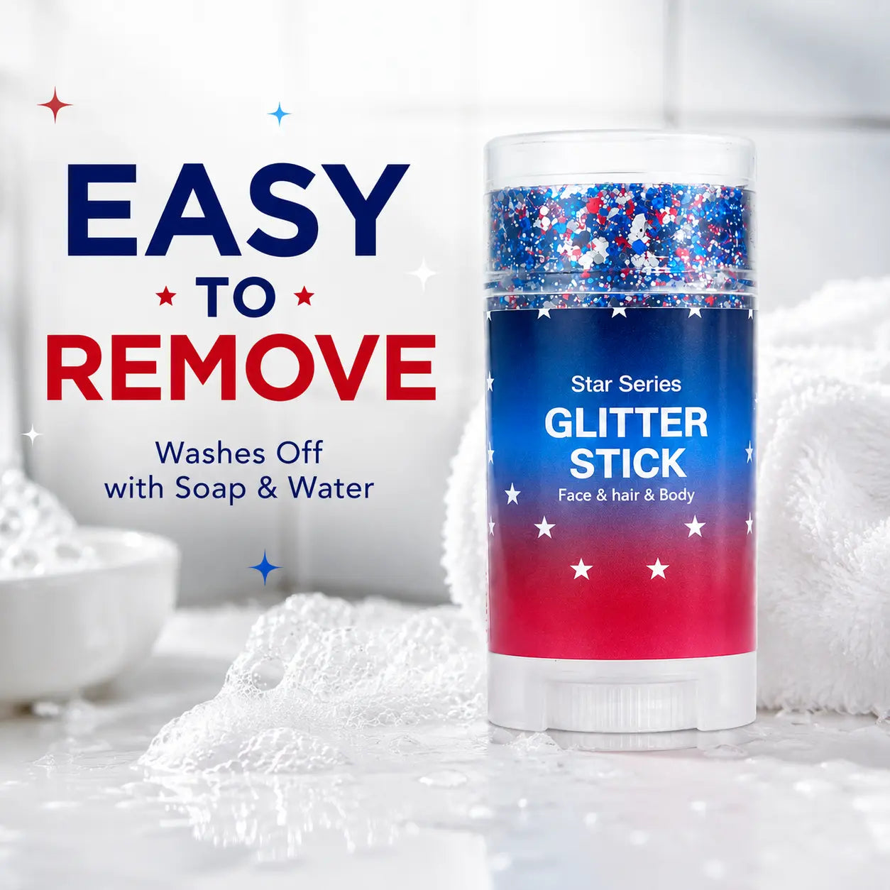 4Th of July Red White Blue Glitter Stick, Body & Hair Sparkle Makeup for Independence Day Party, Parade, Festival & Fireworks Look