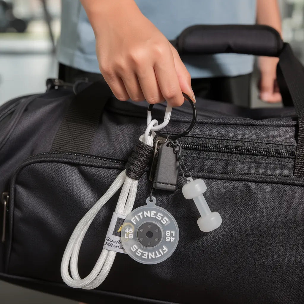 3D Fitness-Themed Keychain, Durable Silicone and Metal Bag Charm Featuring Dumbbell, Barbell, and Weight Plate, Compact Mini Size with Sturdy Connecting Chain