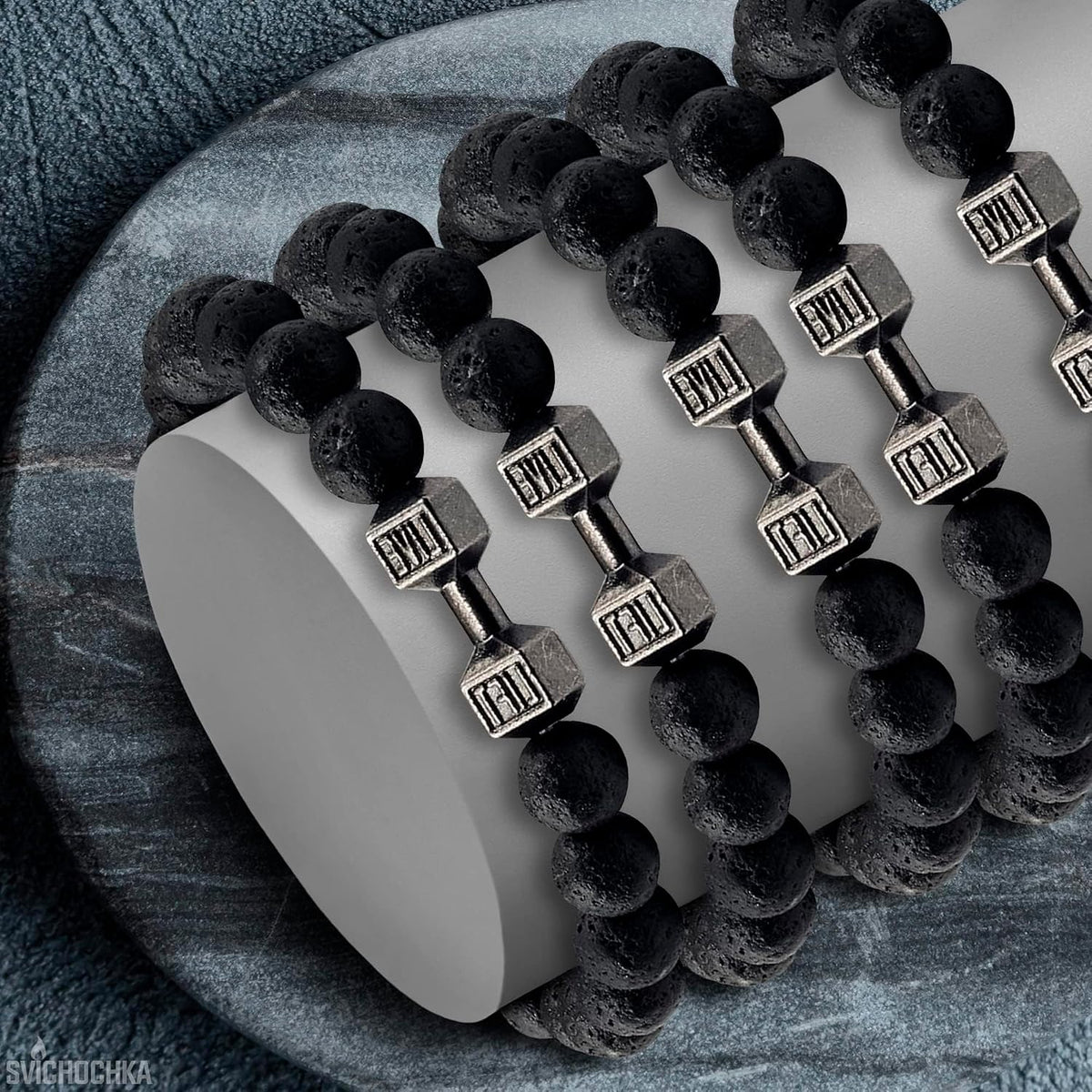 Dumbbell Bracelet for Men & Women with Lava Rocks, Elastic Rope
