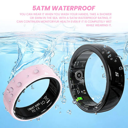 #6-#11 T3 Pink & Black Ceramic Smart Couple Rings for Women & Men, Fitness & Sleep Tracker, Heart Rate & Stress Monitor, Cycle Tracking, IP68 Waterproof, 3–5 Day Battery, Ios & Android Compatible, with Charging Case