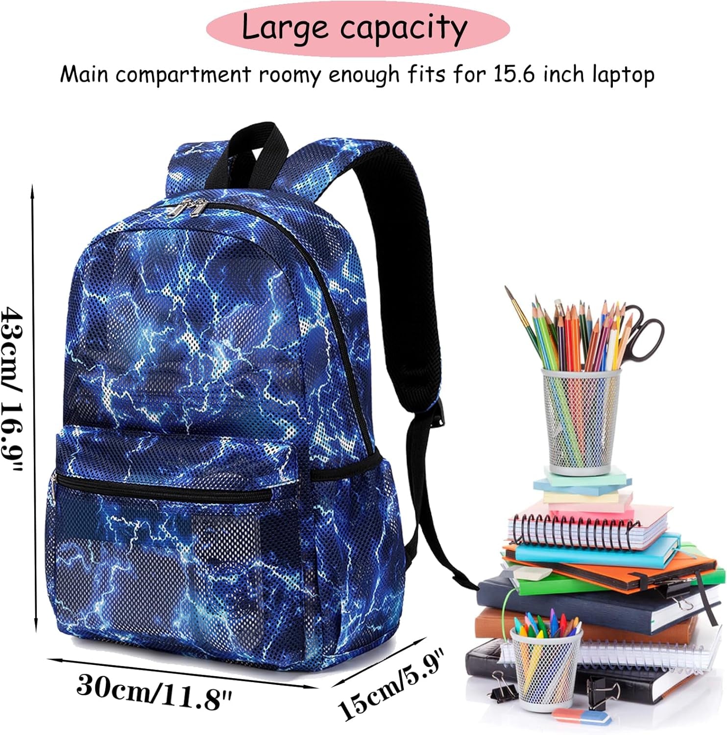 Mesh Backpack for Boys Girls Semi-Transparent School Backpack for Boys and Girls See through Large Capacity Lightning Blue