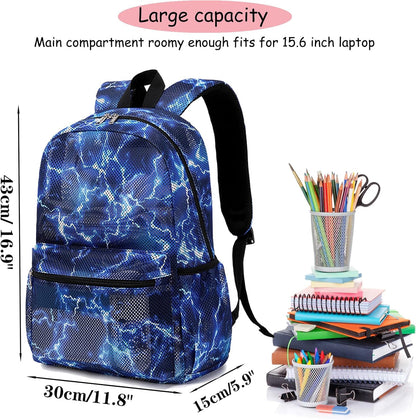 Mesh Backpack for Boys Girls Semi-Transparent School Backpack for Boys and Girls See through Large Capacity Lightning Blue