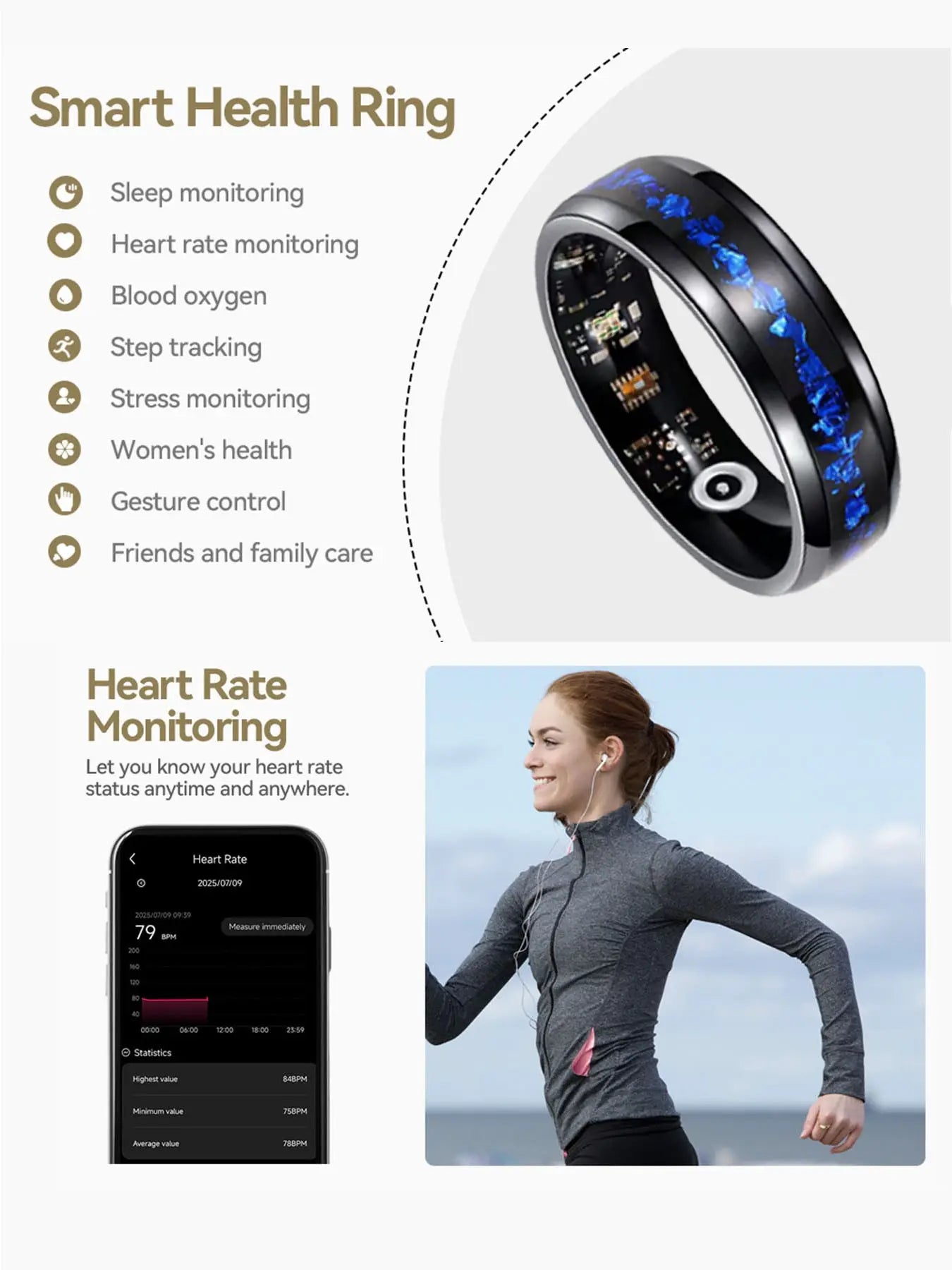 Smart Finger Ring Health Tracker, Heart Rate Monitor, Temperature, Sleep, Stress Management, Cycle Reminder, Fitness Ring for Men and Women, Wearable, Wireless Fitness Tracker, Wearable Fitness Trackers