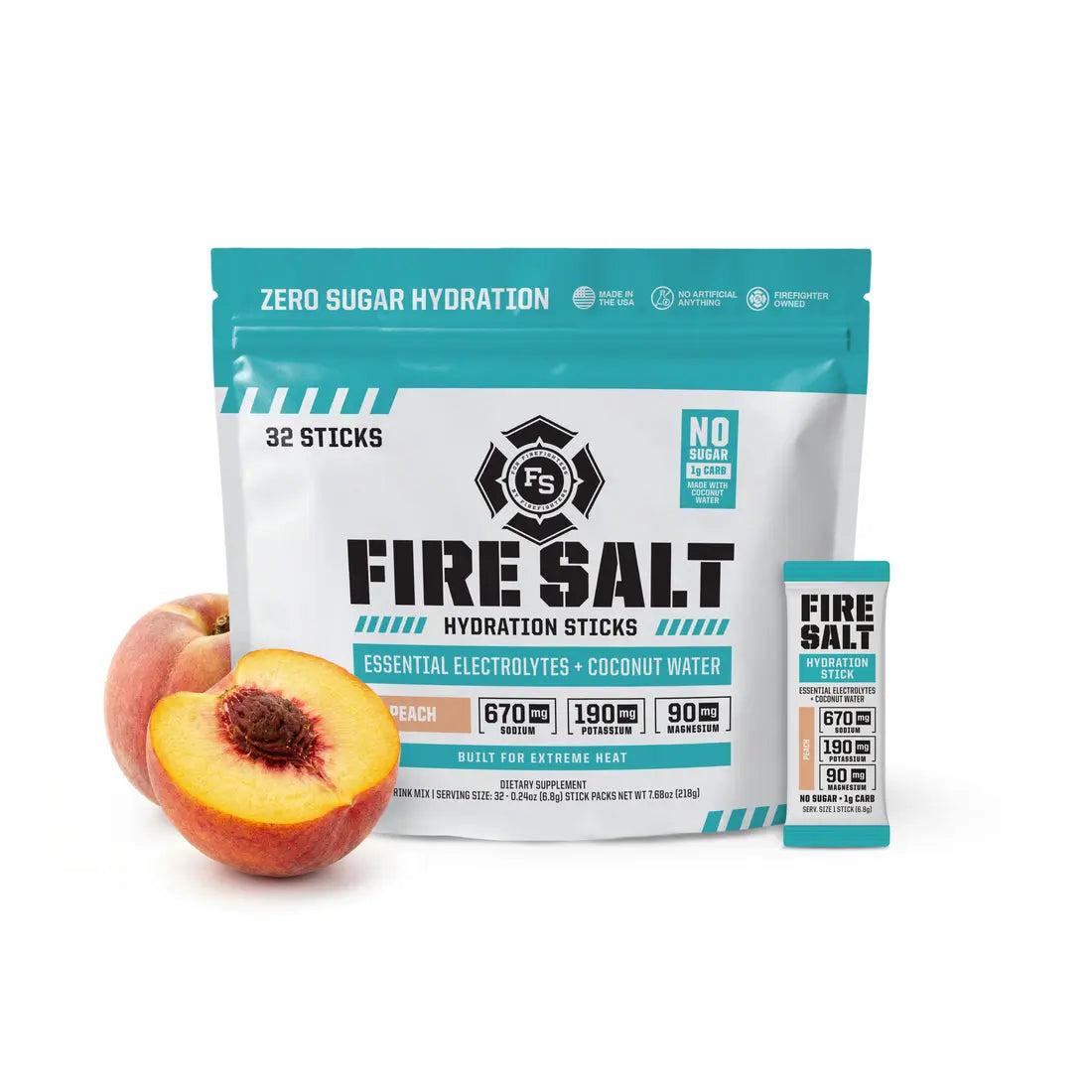 FIRE SALT PEACH Hydration Sticks - Essential Electrolytes & Coconut Water - Zero Sugar - Sport Energy Drink Mix - Natural Ingredients - 3X Electrolytes - Ideal for Intense Activities - Beverage, 16 or 32 Ct.