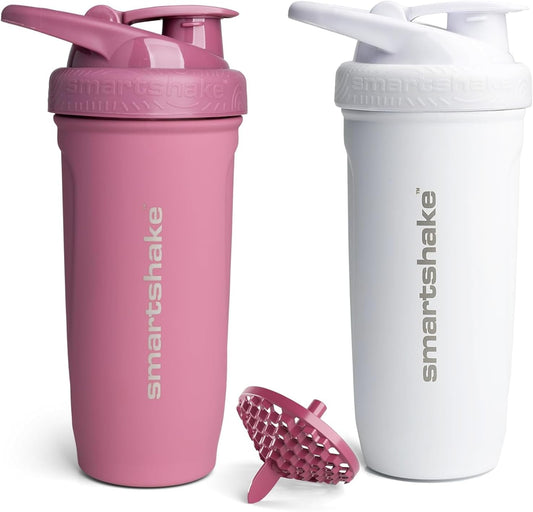 2 Pack Stainless Steel Protein Shaker Bottle for Protein Mixes, 30 Oz | Leak Proof Shaker Cups for Protein Shakes | Blender Bottle Shaker | Protein Shaker Pack, Non-Insulated, White & Pink