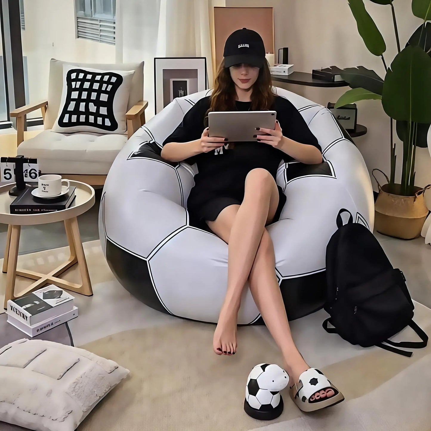 Inflatable Football Pattern Single Sofa - Durable PVC Lounge Chair for Indoor and Outdoor Use, Portable Design for Camping and Leisure (Air Pump Not Included)
