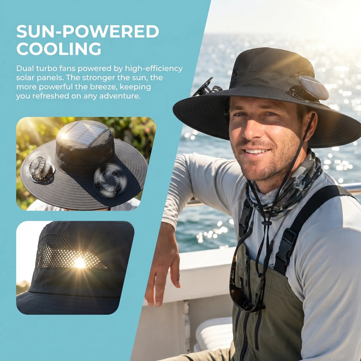 Solar Cooling Fan Hat for Men Women | Wide Brim UV Protection Sun Hat with Dual Solar Fans | Breathable Adjustable Outdoor Hat for Fishing Camping Hiking Beach,Summerwins