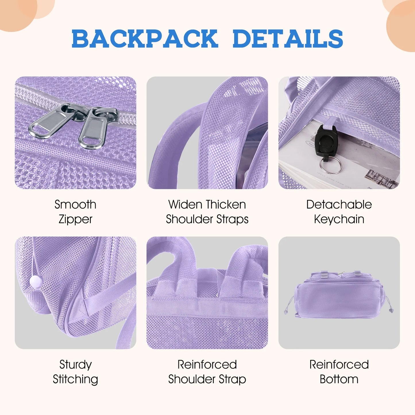 Mesh Backpack School Backpacks Large Capacity See through Bookbag Stadium Approved with Multiple Compartments Pockets for School(Purple)
