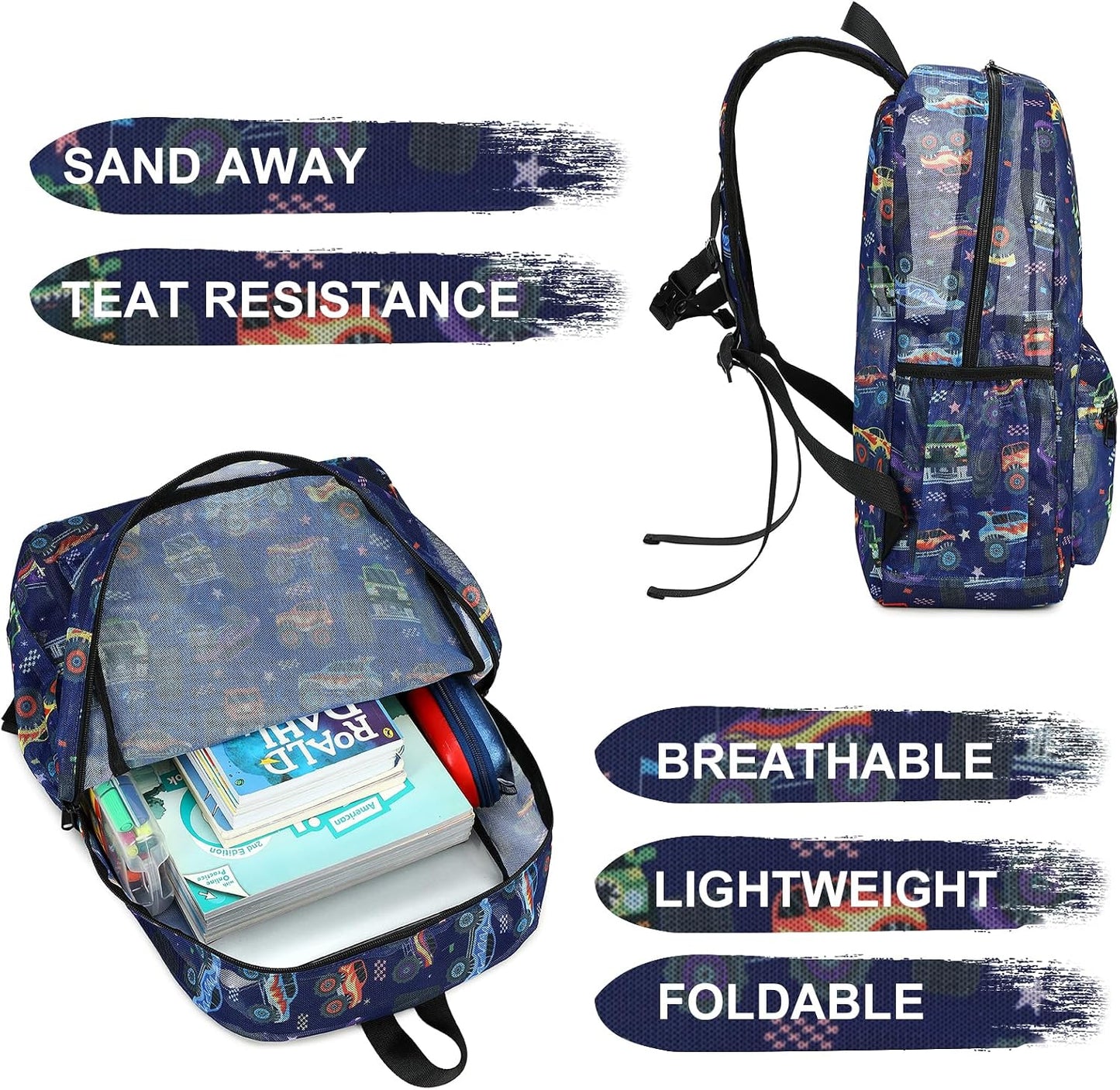 Mesh Backpack Kids Boys Girls Bookbag See through Preschool Backpacks Casual Daypack for School Beach Travel Sport (Navy-Vehicle)