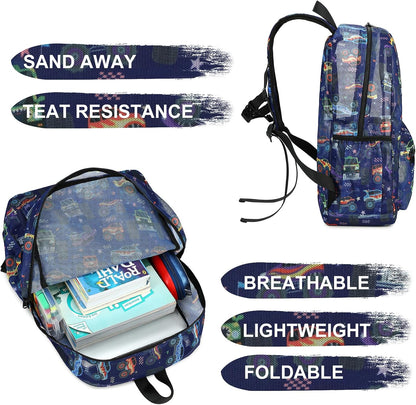 Mesh Backpack Kids Boys Girls Bookbag See through Preschool Backpacks Casual Daypack for School Beach Travel Sport (Navy-Vehicle)