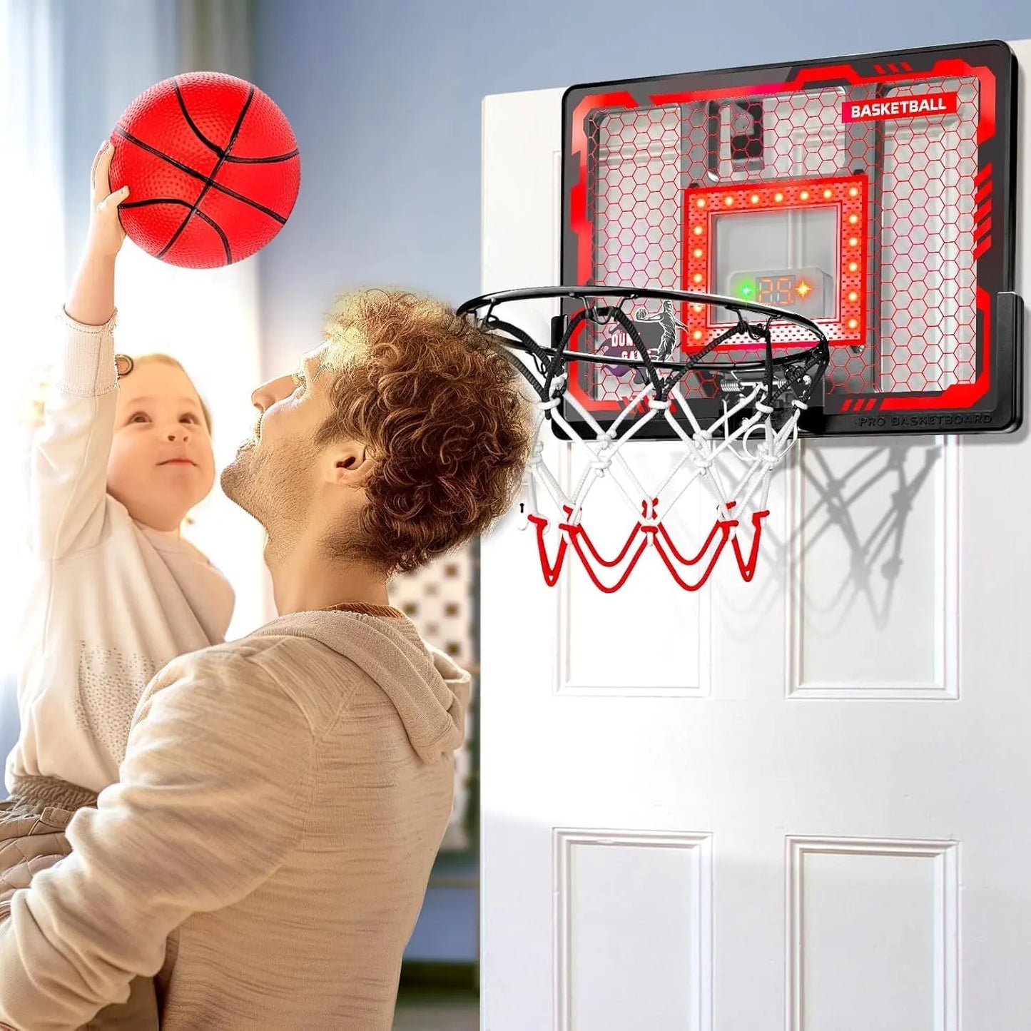 Indoor Basketball Hoop Pro for Kids, over the Door Basketball Hoop Indoor with LED Light/Scoreboard/4 Balls- Upgraded Anti-Impact Backboard, Basketball Toys Gifts for 6 7 8 9 10 11 12 Year Old Boys Chain Net