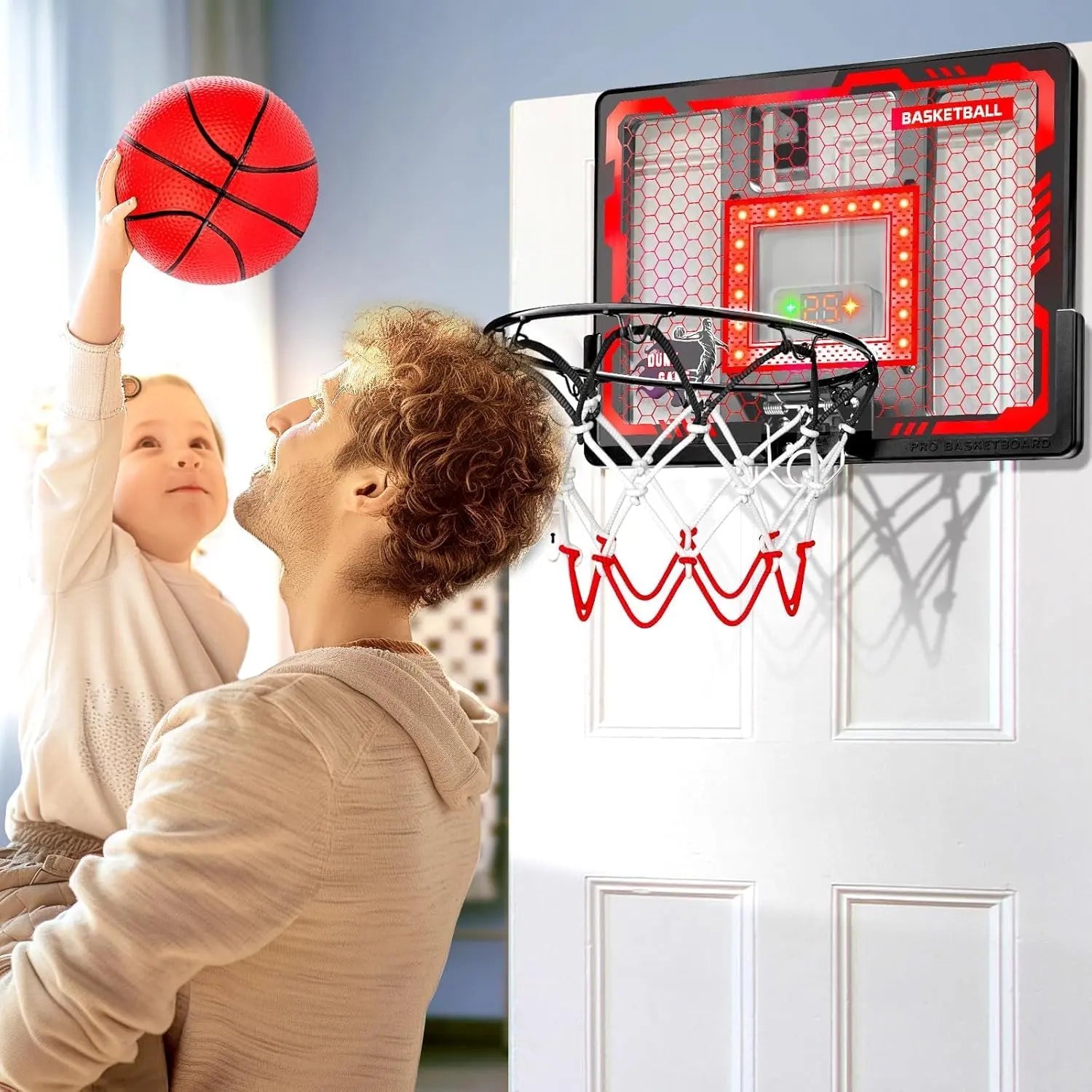 Indoor Basketball Hoop Pro for Kids, over the Door Basketball Hoop Indoor with LED Light/Scoreboard/4 Balls- Upgraded Anti-Impact Backboard, Basketball Toys Gifts for 6 7 8 9 10 11 12 Year Old Boys Chain Net