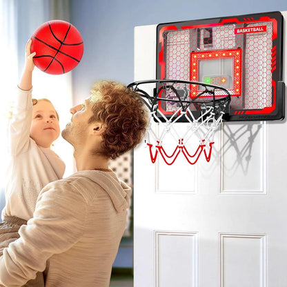 Indoor Basketball Hoop Pro for Kids, over the Door Basketball Hoop Indoor with LED Light/Scoreboard/4 Balls- Upgraded Anti-Impact Backboard, Basketball Toys Gifts for 6 7 8 9 10 11 12 Year Old Boys Chain Net