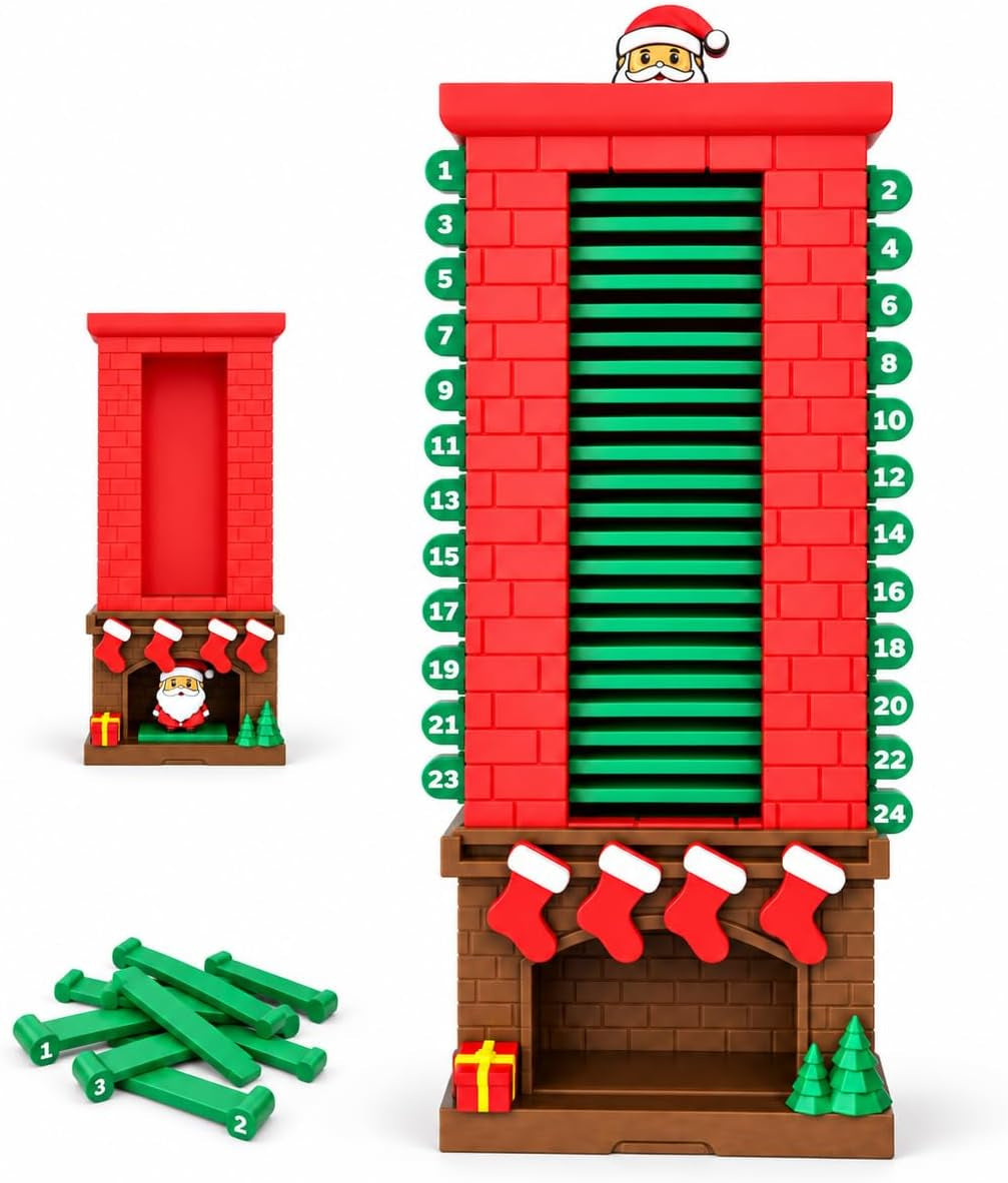 24-Day Santa Chimney Christmas Countdown Calendar, Mechanical Reusable Advent Calendar with Pull Tab Design, Fireplace Mantel Decor Desktop and Christmas Seasonal Display