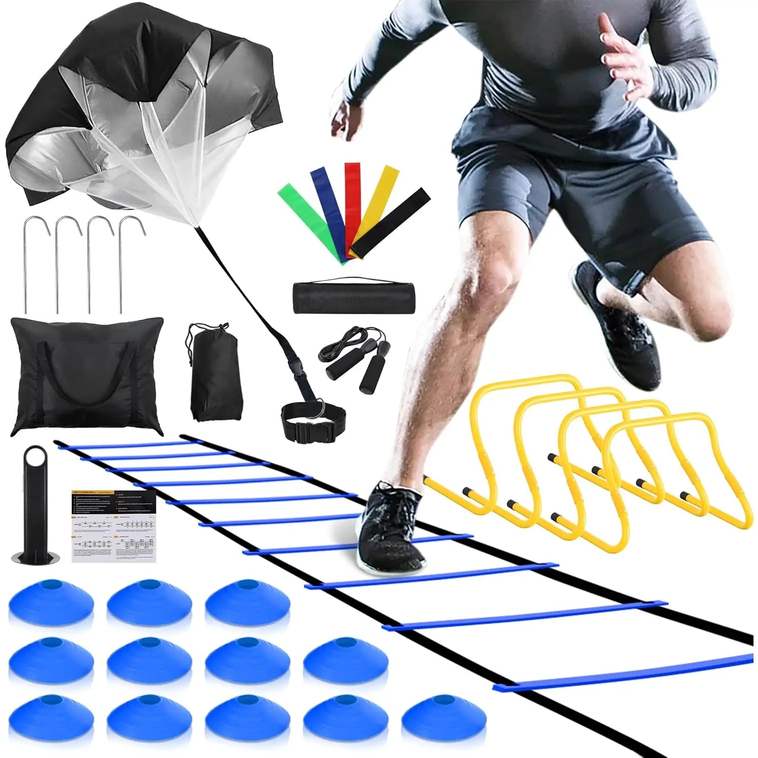 Agility Training Equipment Set: Includes 4 Hurdles, 20-Foot Speed Ladder with 12 Rungs, 12 Disc Cones, Resistance Parachute, Jump Rope, and 5 Resistance Bands