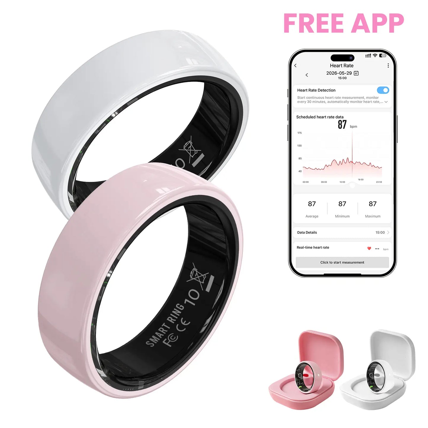 #6-#11 T3 Pink & Black Ceramic Smart Couple Rings for Women & Men, Fitness & Sleep Tracker, Heart Rate & Stress Monitor, Cycle Tracking, IP68 Waterproof, 3–5 Day Battery, Ios & Android Compatible, with Charging Case