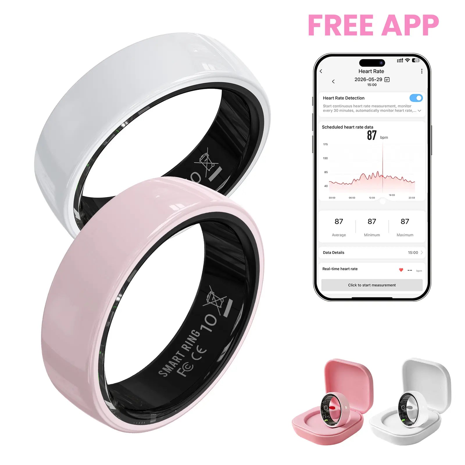 #6-#11 T3 Pink & Black Ceramic Smart Couple Rings for Women & Men, Fitness & Sleep Tracker, Heart Rate & Stress Monitor, Cycle Tracking, IP68 Waterproof, 3–5 Day Battery, Ios & Android Compatible, with Charging Case
