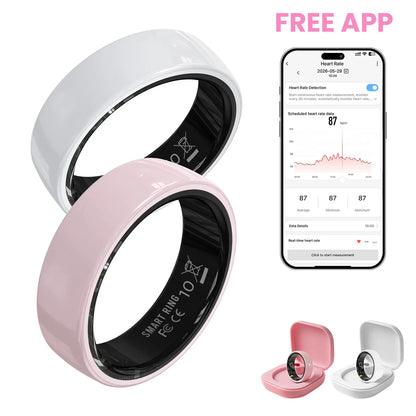 #6-#11 T3 Pink & Black Ceramic Smart Couple Rings for Women & Men, Fitness & Sleep Tracker, Heart Rate & Stress Monitor, Cycle Tracking, IP68 Waterproof, 3–5 Day Battery, Ios & Android Compatible, with Charging Case