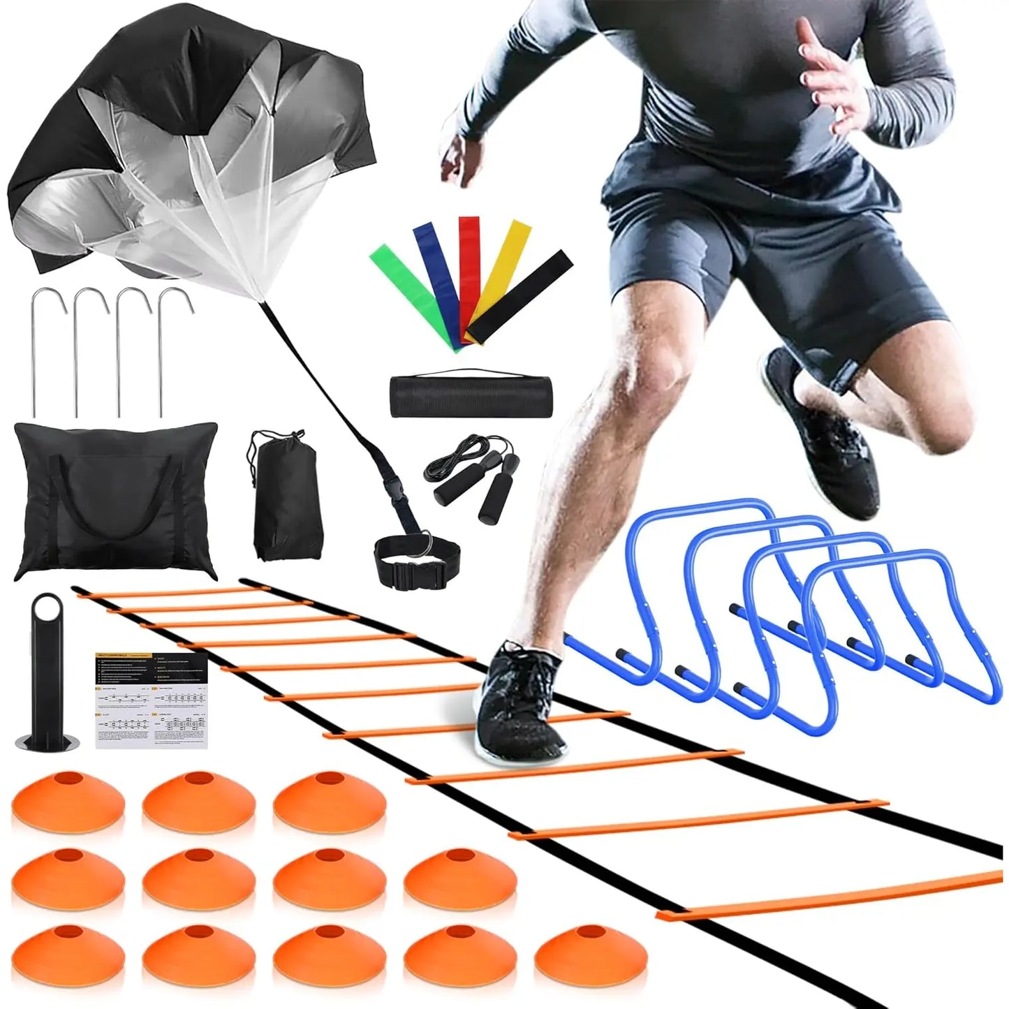 Agility Training Equipment Set: Includes 4 Hurdles, 20-Foot Speed Ladder with 12 Rungs, 12 Disc Cones, Resistance Parachute, Jump Rope, and 5 Resistance Bands