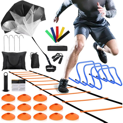 Agility Training Equipment Set: Includes 4 Hurdles, 20-Foot Speed Ladder with 12 Rungs, 12 Disc Cones, Resistance Parachute, Jump Rope, and 5 Resistance Bands
