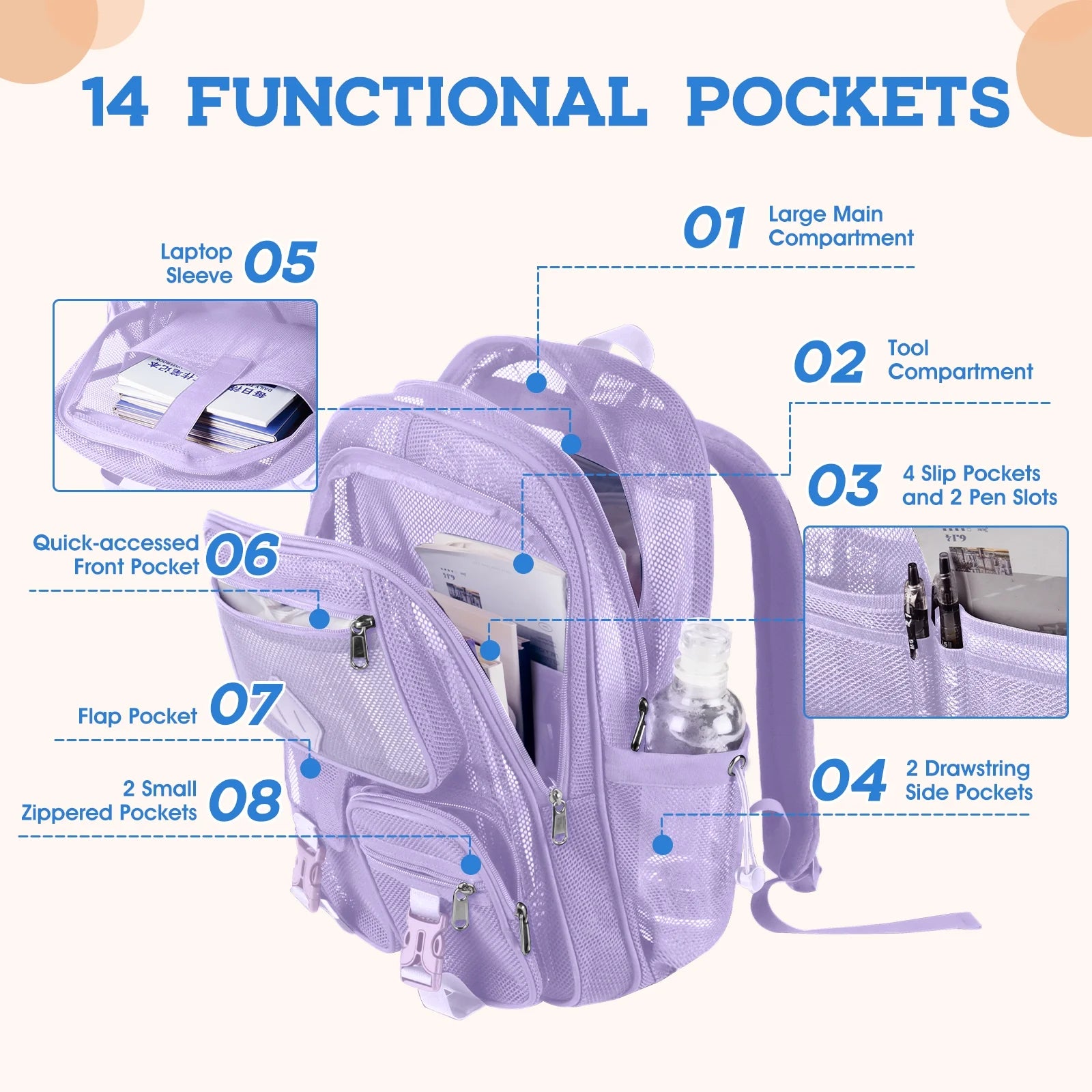 Mesh Backpack School Backpacks Large Capacity See through Bookbag Stadium Approved with Multiple Compartments Pockets for School(Purple)