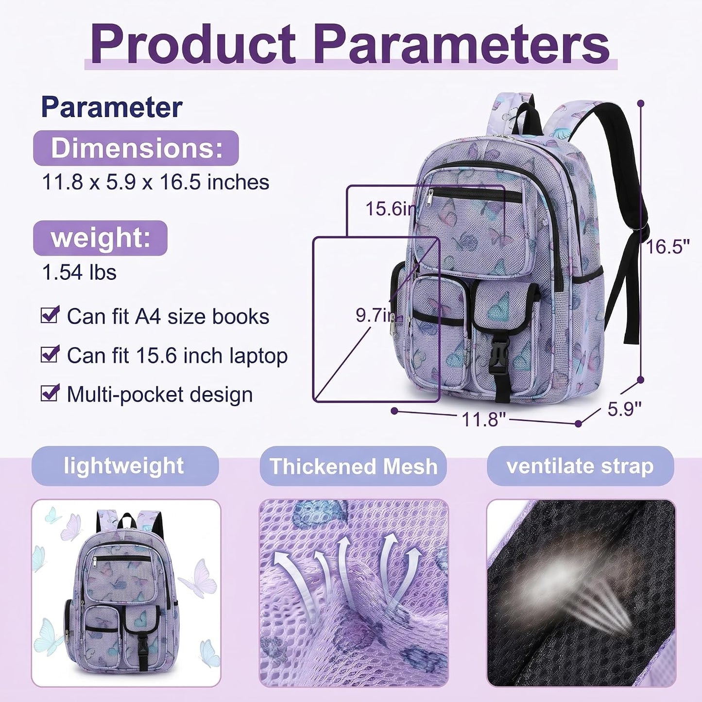 Mesh Backpacks for School, Heavy Duty Breathable See through Bookbag for Women Girls Boys Kids, Large Capacity Mesh Bag for Beach Swimming Gym Work Travel- Butterfly Purple