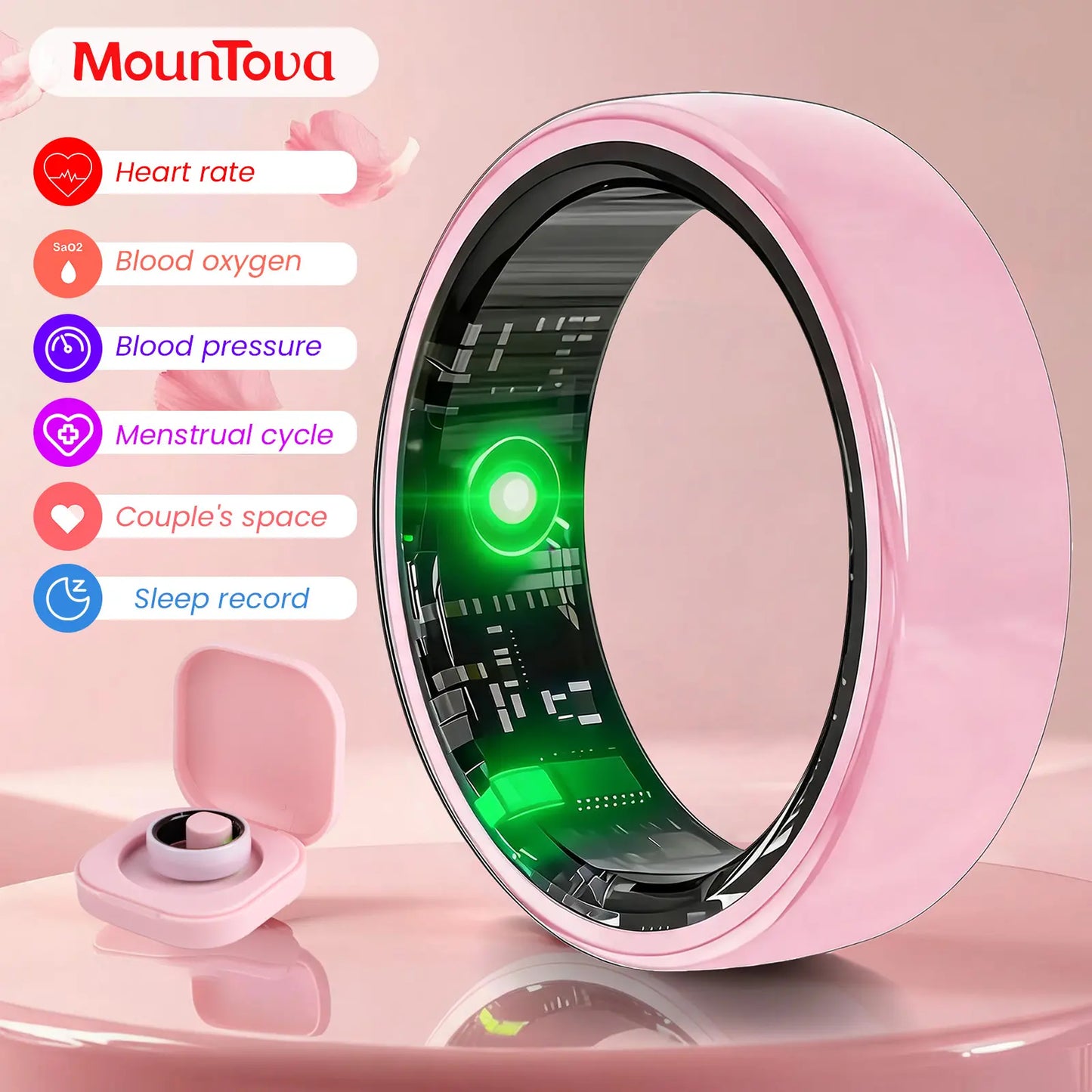 #6-#11 T3 Pink & Black Ceramic Smart Couple Rings for Women & Men, Fitness & Sleep Tracker, Heart Rate & Stress Monitor, Cycle Tracking, IP68 Waterproof, 3–5 Day Battery, Ios & Android Compatible, with Charging Case