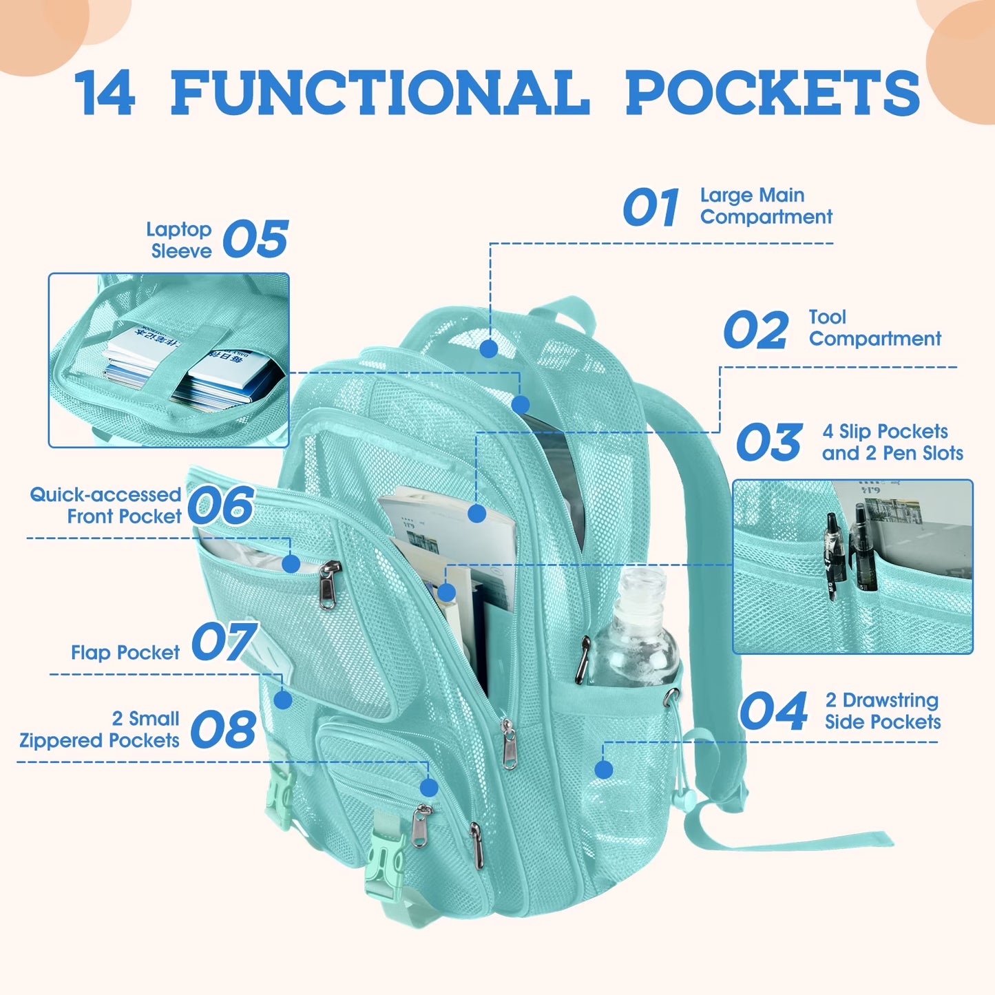Mesh Backpack School Backpacks Large Capacity See through Bookbag Stadium Approved with Multiple Compartments Pockets for School(Lake Green)