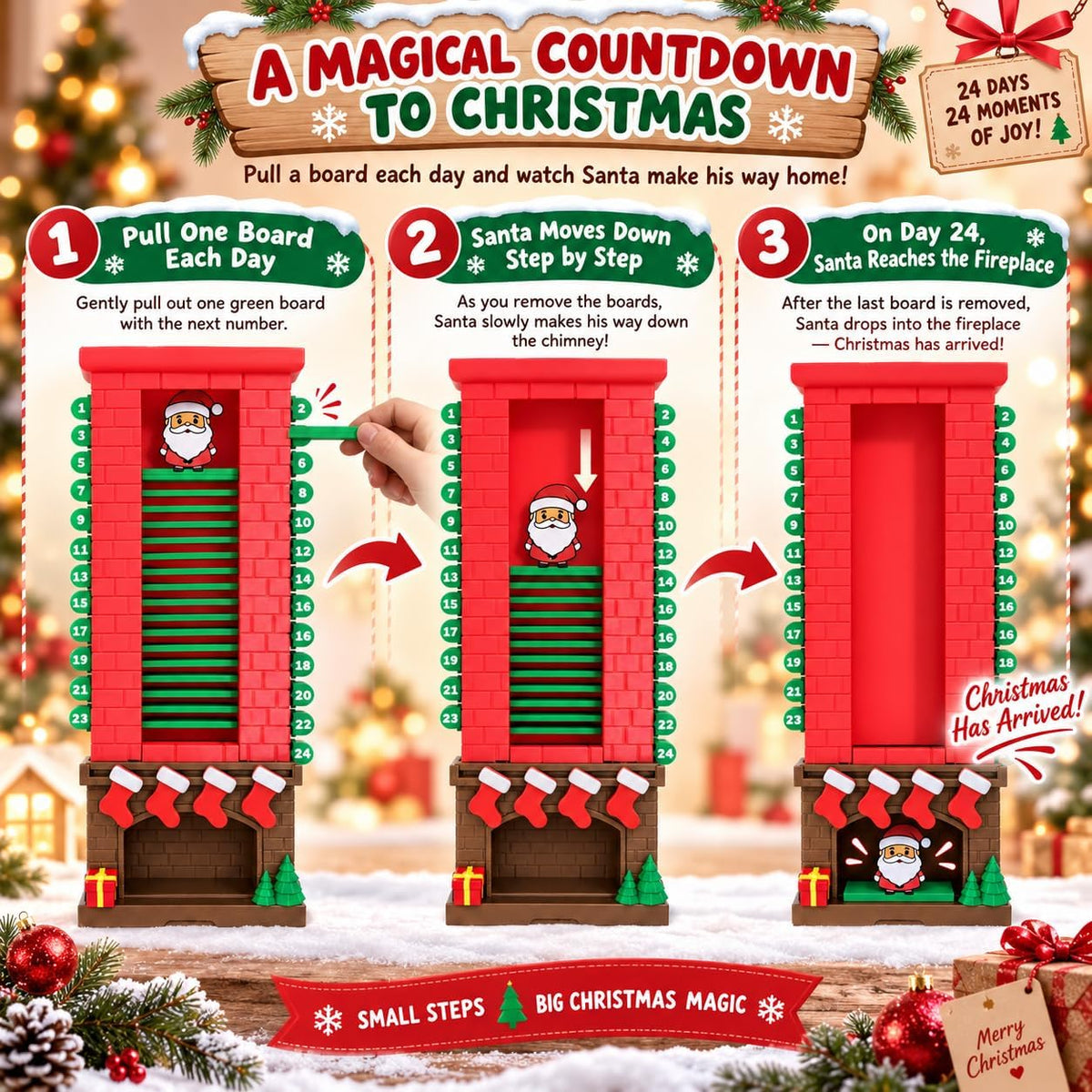 24-Day Santa Chimney Christmas Countdown Calendar, Mechanical Reusable Advent Calendar with Pull Tab Design, Fireplace Mantel Decor Desktop and Christmas Seasonal Display