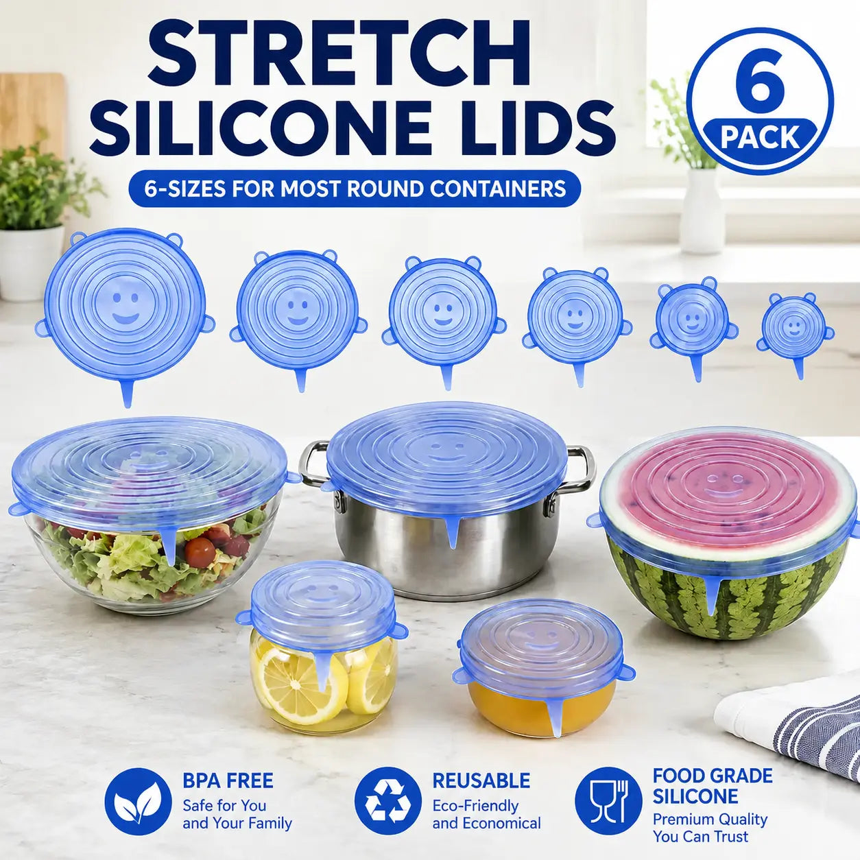 Silicone Stretch Lids Set (6-Pack) - BPA-Free, Food-Grade Reusable Covers for Bowls, Pots, and Cups (Sizes: 2.6", 3.7", 4.3", 5.5", 6.3", 7.7")