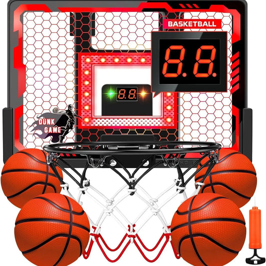 Indoor Basketball Hoop Pro for Kids, over the Door Basketball Hoop Indoor with LED Light/Scoreboard/4 Balls- Upgraded Anti-Impact Backboard, Basketball Toys Gifts for 6 7 8 9 10 11 12 Year Old Boys Chain Net