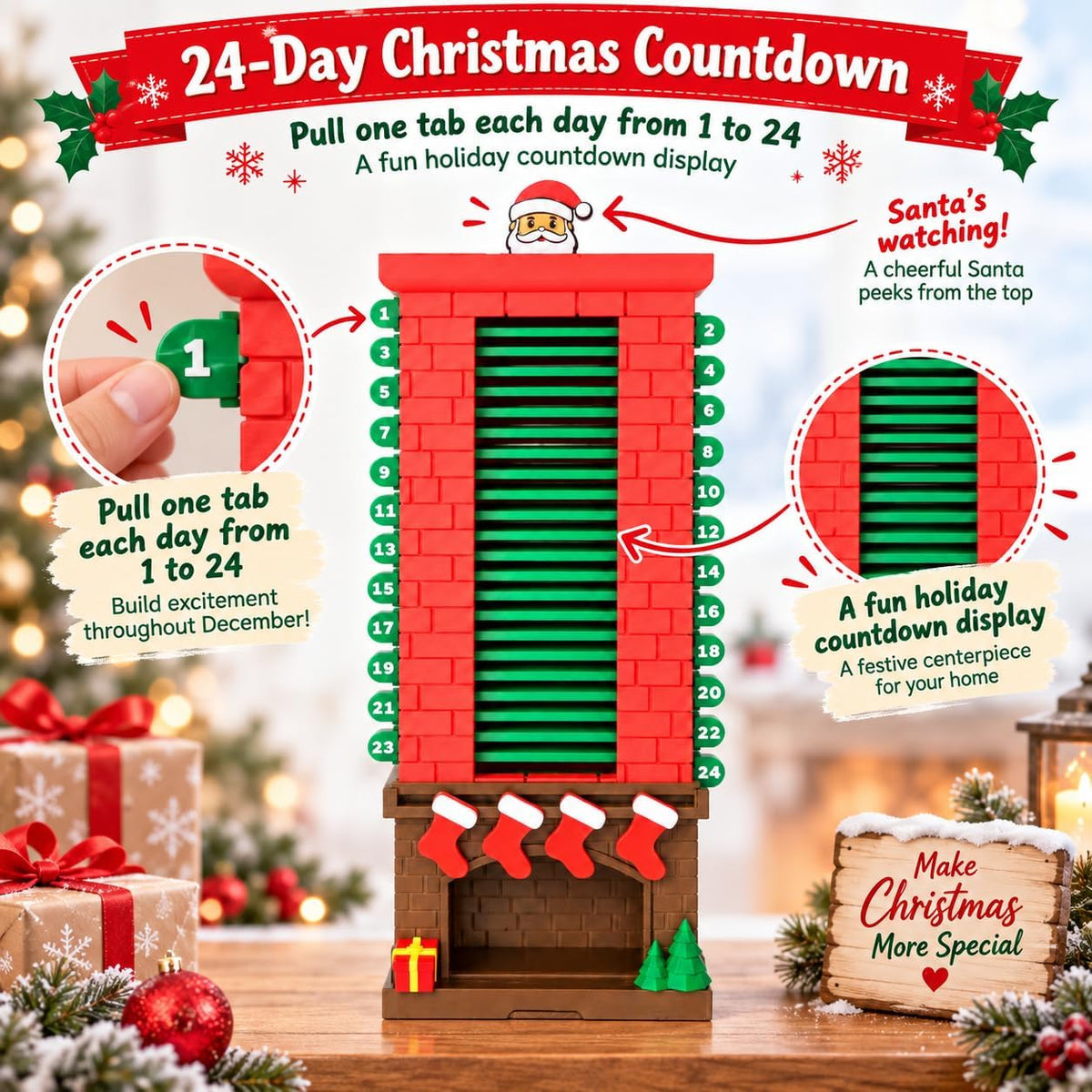 24-Day Santa Chimney Christmas Countdown Calendar, Mechanical Reusable Advent Calendar with Pull Tab Design, Fireplace Mantel Decor Desktop and Christmas Seasonal Display