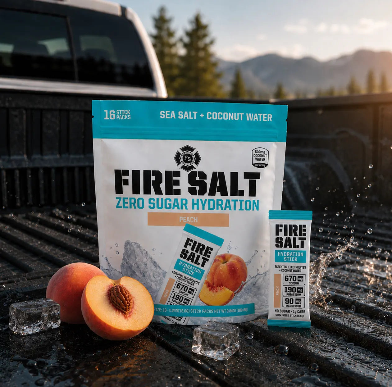 FIRE SALT PEACH Hydration Sticks - Essential Electrolytes & Coconut Water - Zero Sugar - Sport Energy Drink Mix - Natural Ingredients - 3X Electrolytes - Ideal for Intense Activities - Beverage, 16 or 32 Ct.