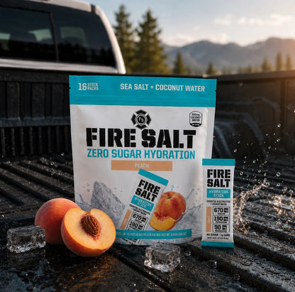 FIRE SALT PEACH Hydration Sticks - Essential Electrolytes & Coconut Water - Zero Sugar - Sport Energy Drink Mix - Natural Ingredients - 3X Electrolytes - Ideal for Intense Activities - Beverage, 16 or 32 Ct.