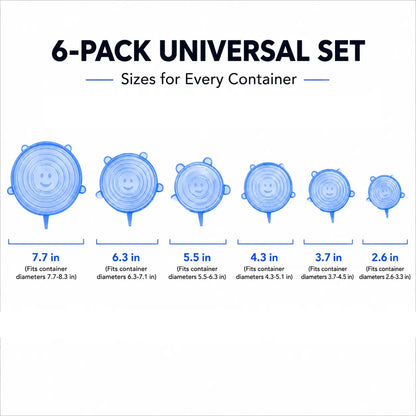 Silicone Stretch Lids Set (6-Pack) - BPA-Free, Food-Grade Reusable Covers for Bowls, Pots, and Cups (Sizes: 2.6", 3.7", 4.3", 5.5", 6.3", 7.7")