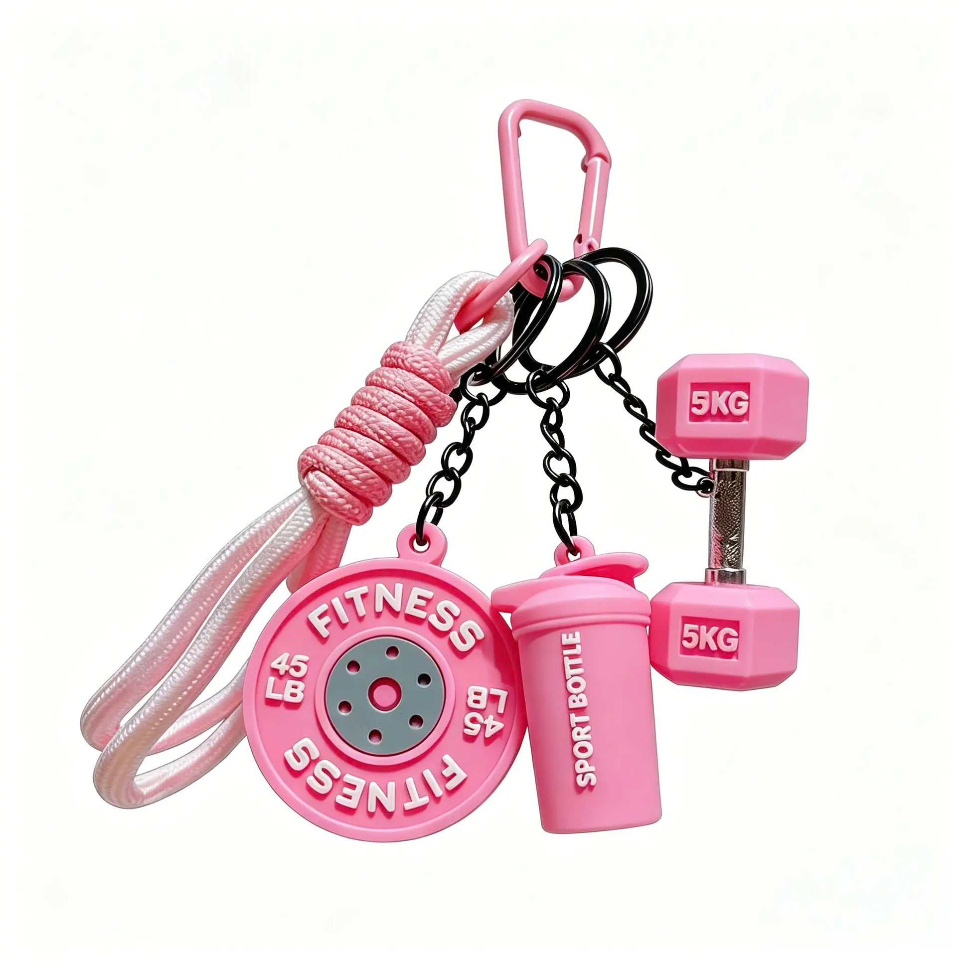 3D Fitness-Themed Keychain, Durable Silicone and Metal Bag Charm Featuring Dumbbell, Barbell, and Weight Plate, Compact Mini Size with Sturdy Connecting Chain