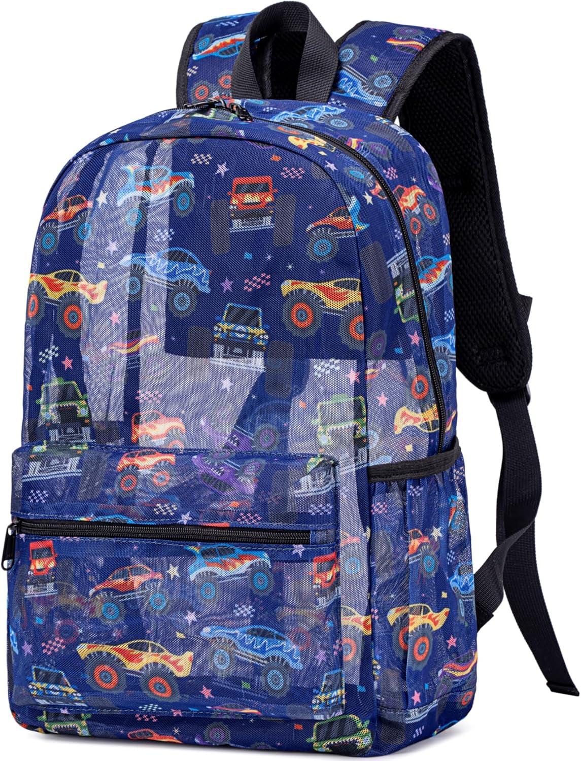 Mesh Backpack Kids Boys Girls Bookbag See through Preschool Backpacks Casual Daypack for School Beach Travel Sport (Navy-Vehicle)