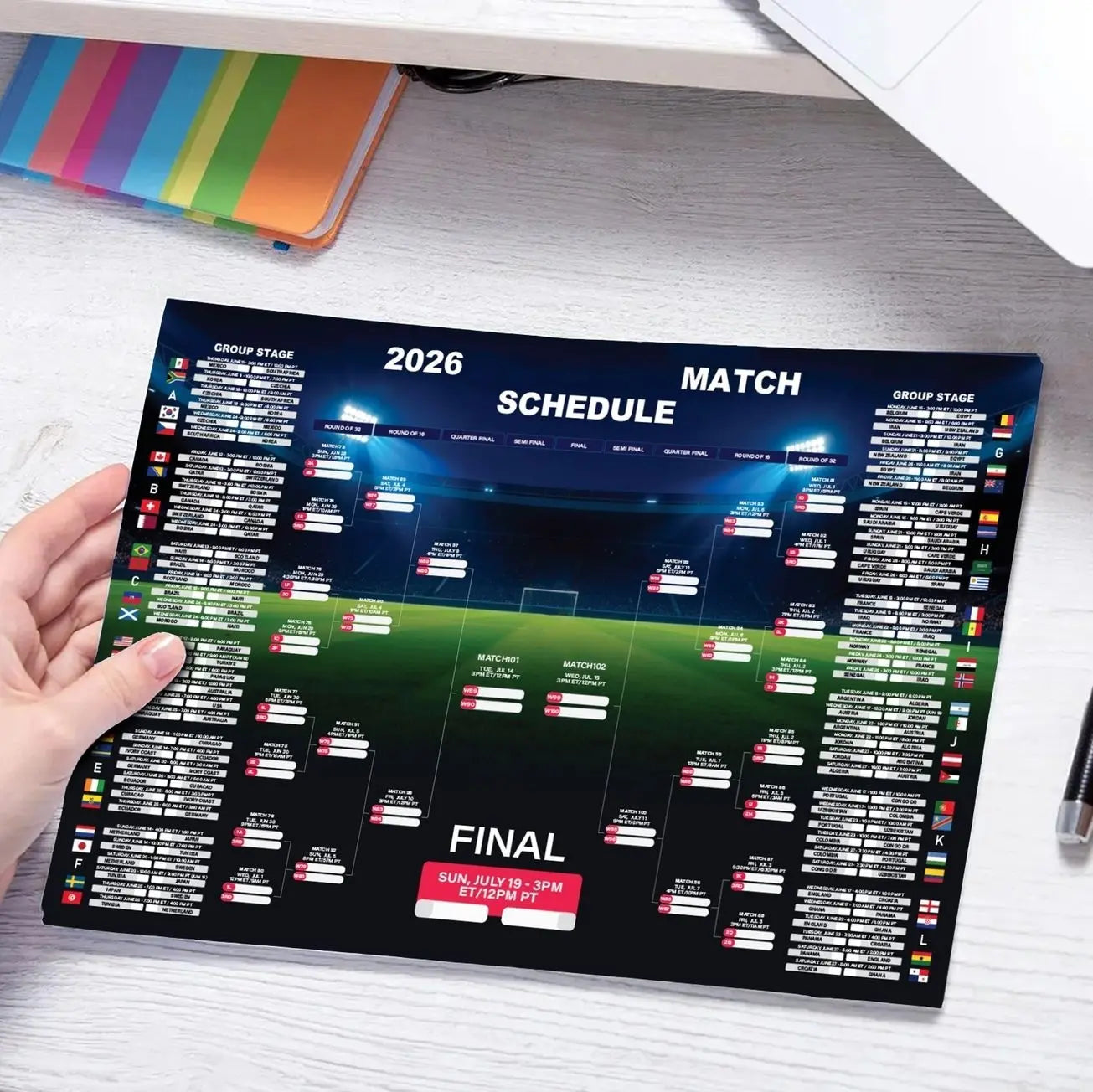 Graphic World Soccer 2026 Schedule Wall Chart, Soccer Fixtures Chart, Soccer Cup 2026 Result Chart QM9