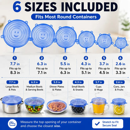 Silicone Stretch Lids Set (6-Pack) - BPA-Free, Food-Grade Reusable Covers for Bowls, Pots, and Cups (Sizes: 2.6", 3.7", 4.3", 5.5", 6.3", 7.7")