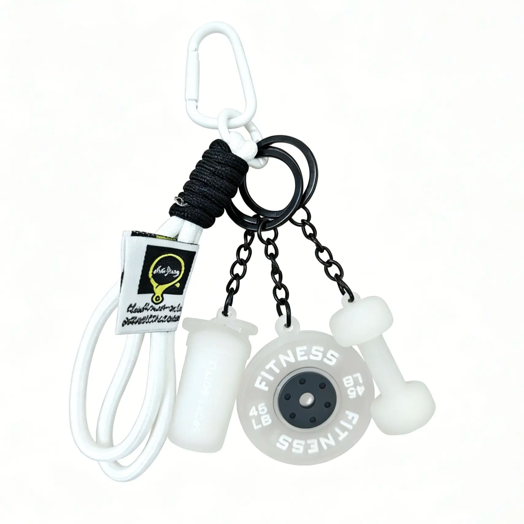 3D Fitness-Themed Keychain, Durable Silicone and Metal Bag Charm Featuring Dumbbell, Barbell, and Weight Plate, Compact Mini Size with Sturdy Connecting Chain