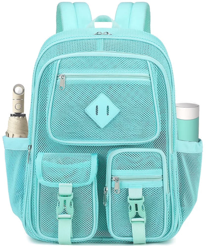 Mesh Backpack School Backpacks Large Capacity See through Bookbag Stadium Approved with Multiple Compartments Pockets for School(Lake Green)